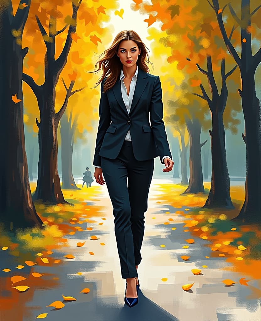  abstract expressionist painting a beautiful woman in a strict business suit walks along the alley of the park. fall. yellow leaves falling to the ground. camera at ground level. looking at the camera. . energetic brushwork, bold colors, abstract forms, expressive, emotional