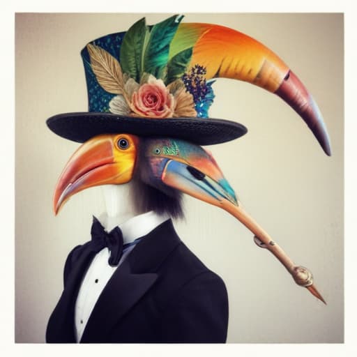 Rainbow drag queen cowboy top hat and headdress tuxedo with spurs toucan Elizabethan collar wand paraso in the Van Gogh style in the style of Kunisada