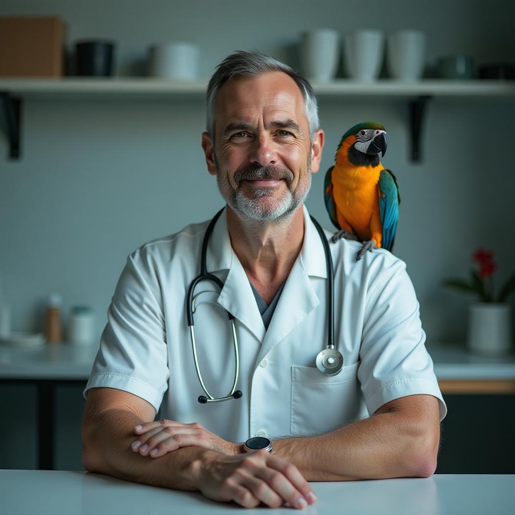  professional detailed photography, veterinarian man sitting at table in veterinary clinic with colorful parrot sitting on his shoulder, (muted colors, dim colors, soothing tones), (vsco:0.3)