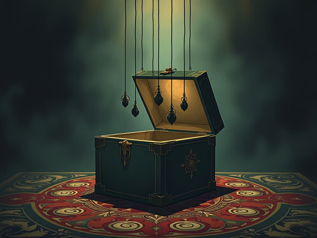  a box with strings attached to it, dark, moody lighting, background of swirling shadows, feeling of conditional giving and taking. an illustration in the style of a worn, mystical old tarot trump card, mysterious and elements of surrealism. the colors are muted, somber and eerie, but with contrast bring out an occult and esoteric vibe.