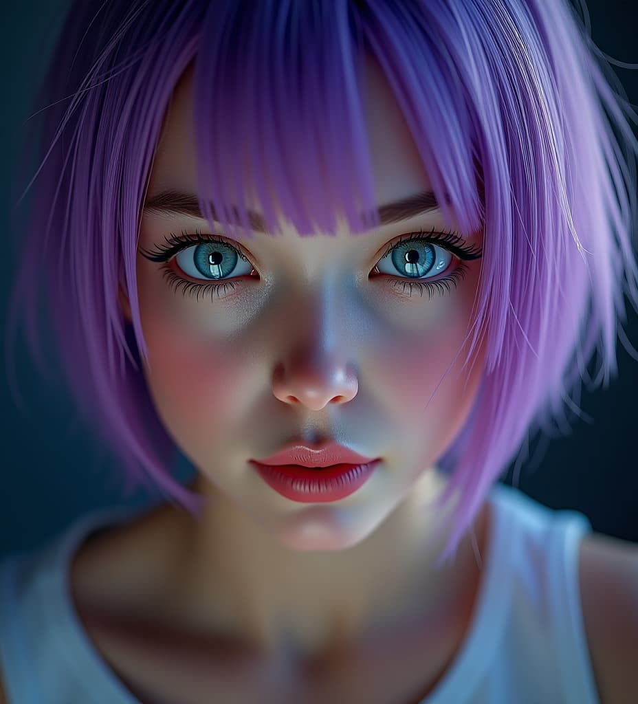  4k human realistic, good lighting. blue eyes, purple hair, young , good angle