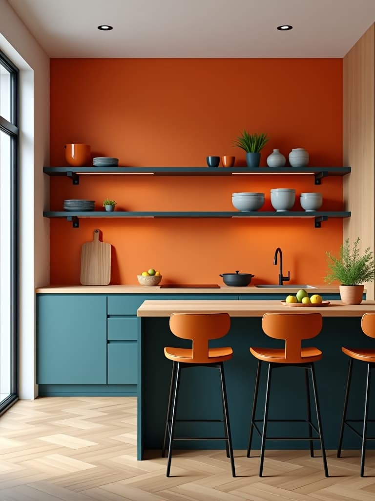  high quality portrait photo of a small kitchen with a bold accent wall, floating shelves displaying colorful dishes, and a compact peninsula with bar stools, viewed from a slightly elevated angle hyperrealistic, full body, detailed clothing, highly detailed, cinematic lighting, stunningly beautiful, intricate, sharp focus, f/1. 8, 85mm, (centered image composition), (professionally color graded), ((bright soft diffused light)), volumetric fog, trending on instagram, trending on tumblr, HDR 4K, 8K