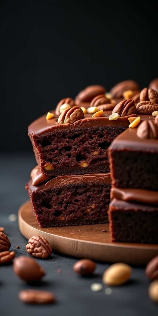  a rich chocolate cake filled with crunchy nuts, set against a dark canvas.