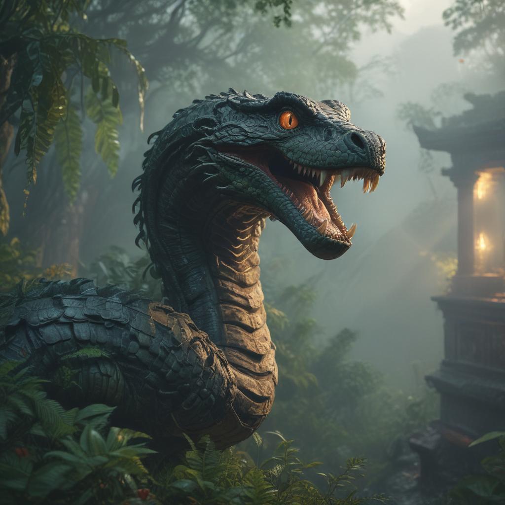 ((masterpiece)),(((best quality))), 8k, high detailed, ultra detailed,A massive serpent, coiled around ancient ruins, (mist swirling around), glowing eyes, (jungle foliage in the foreground) hyperrealistic, full body, detailed clothing, highly detailed, cinematic lighting, stunningly beautiful, intricate, sharp focus, f/1. 8, 85mm, (centered image composition), (professionally color graded), ((bright soft diffused light)), volumetric fog, trending on instagram, trending on tumblr, HDR 4K, 8K