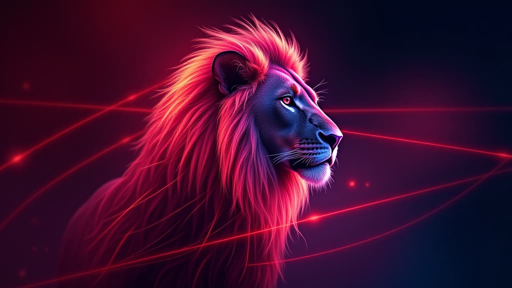  lion animal plexus neon black background digital desktop wallpaper hd 4k network light glowing laser motion bright abstract