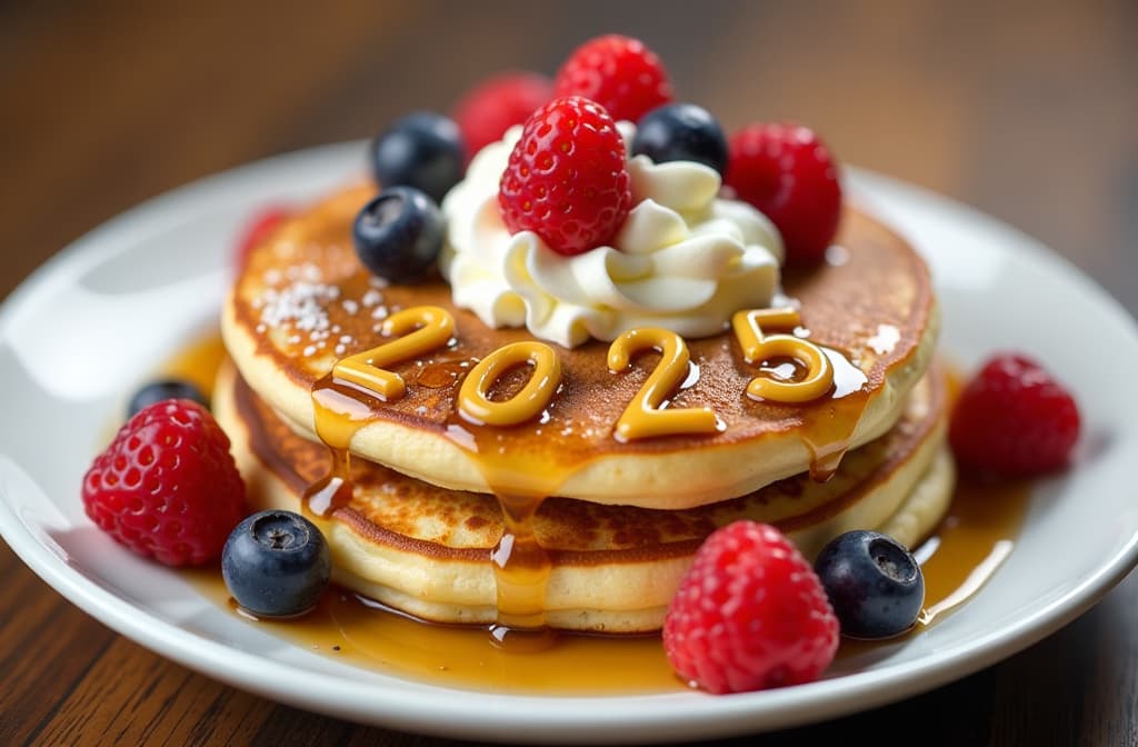  text "2025” in golden syrup on top of pancakes, with fresh berries and whipped cream adorning the plate. {prompt}, maximum details