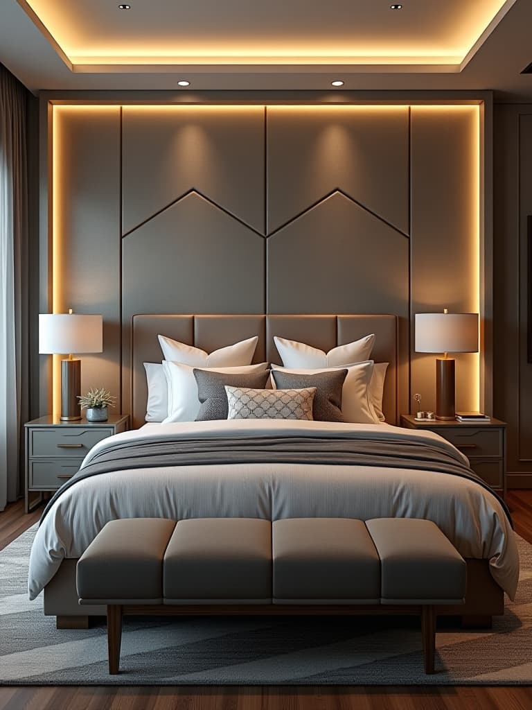  high quality portrait photo of a spacious modern bedroom with a statement headboard, featuring geometric patterns and integrated lighting, flanked by contemporary nightstands hyperrealistic, full body, detailed clothing, highly detailed, cinematic lighting, stunningly beautiful, intricate, sharp focus, f/1. 8, 85mm, (centered image composition), (professionally color graded), ((bright soft diffused light)), volumetric fog, trending on instagram, trending on tumblr, HDR 4K, 8K