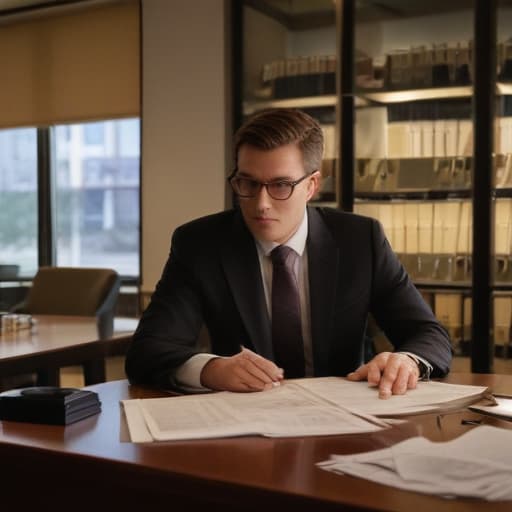 A photo of a sleek and professional car accident attorney confidently reviewing case files atop a sleek, modern desk in a stylish law office during early evening, with soft, warm ambient lighting casting dramatic shadows across the elegant furniture and emphasizing the attorney's sharp features and focused expression.