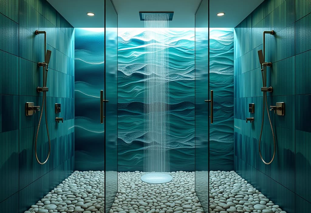  a landscape photo of a walk in shower with glass doors, pebble floor, and a rainfall showerhead, featuring a mosaic tile accent wall in shades of blue and green resembling ocean waves hyperrealistic, full body, detailed clothing, highly detailed, cinematic lighting, stunningly beautiful, intricate, sharp focus, f/1. 8, 85mm, (centered image composition), (professionally color graded), ((bright soft diffused light)), volumetric fog, trending on instagram, trending on tumblr, HDR 4K, 8K