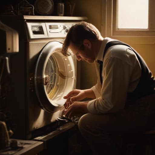 A photo of a skilled repair technician meticulously adjusting the inner workings of a vintage washing machine in a cluttered, dimly lit basement during the late afternoon, where a single ray of soft, golden light from a small window illuminates the intricate details of the appliance, casting intriguing shadows and highlighting the technician's focused expression and expert hands at work.