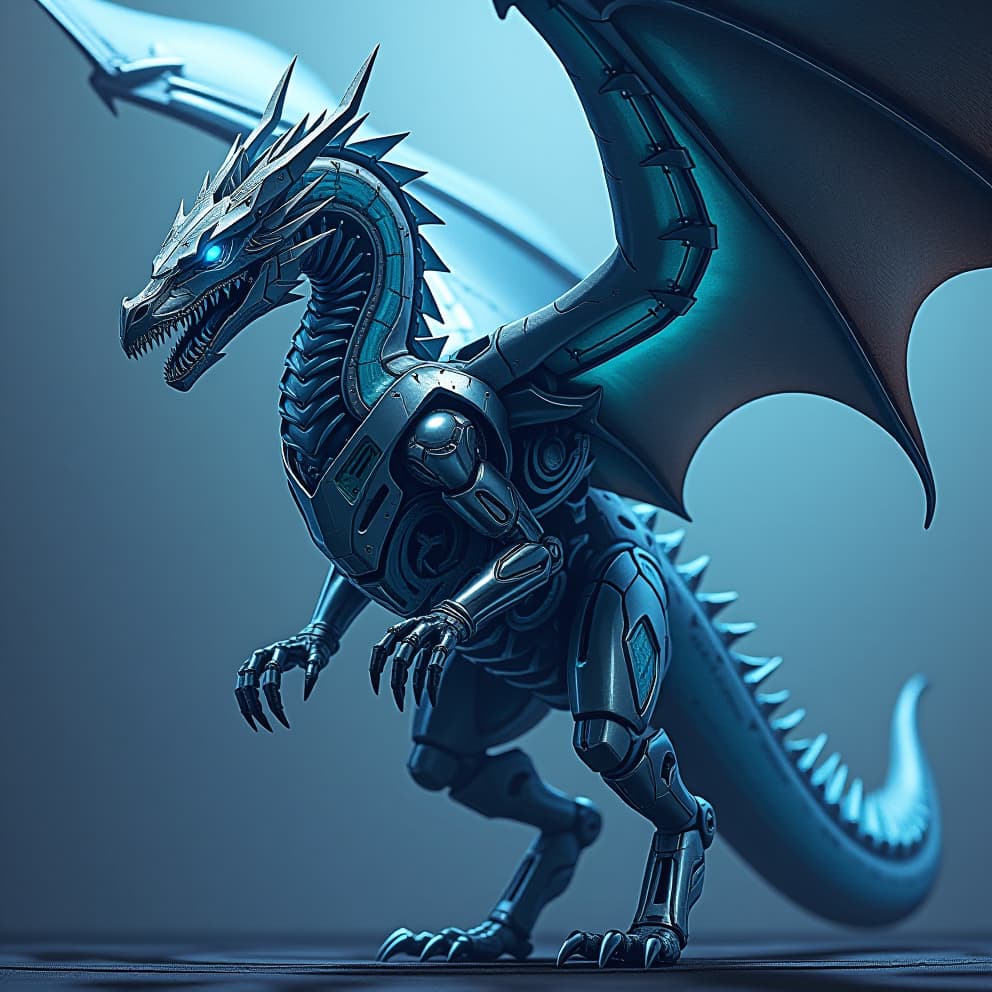  (masterpiece, top quality, ultra detailed, official art, best quality,a towering, mechanical dragon, sleek and angular, with intricate gears and pipes visible beneath its metallic skin. its eyes glow with an electric blue light, and its wings are composed of intricate, interlocking blades. rendered in a hyper realistic, cyberpunk style, with vibrant neon accents and shimmering chrome details.