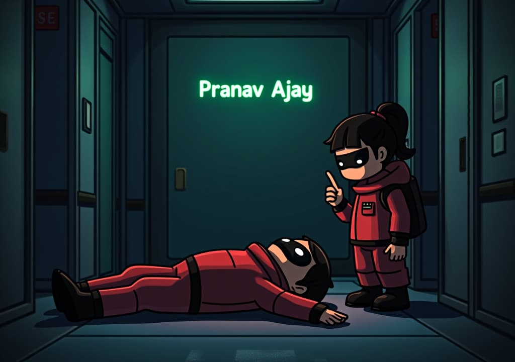  good quality, high quality, among us game in 3d, showing the dead body of 'pranav ajay,' with the name displayed in the game’s font above. a boy character named 'sukuna' is holding a finger to his lips, signaling silence, while a girl character named 'roro' stands close by, both in the typical among us spacesuit style. the scene is set in a dimly lit corridor of the spaceship, with shadows adding a mysterious atmosphere.