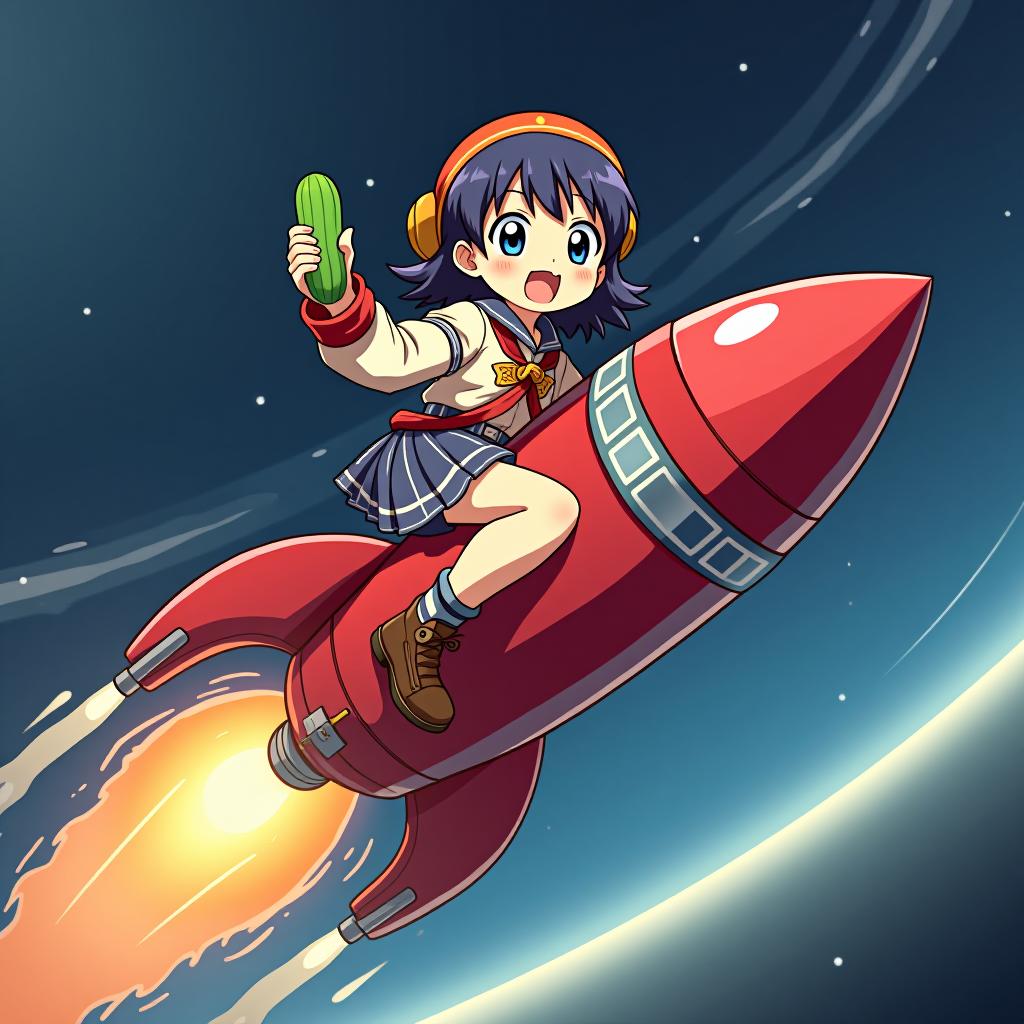  pioneer grandmother riding a red rocket launching into space holding a pickle, anime artwork, anime style, key visual, vibrant, studio anime, highly detailed