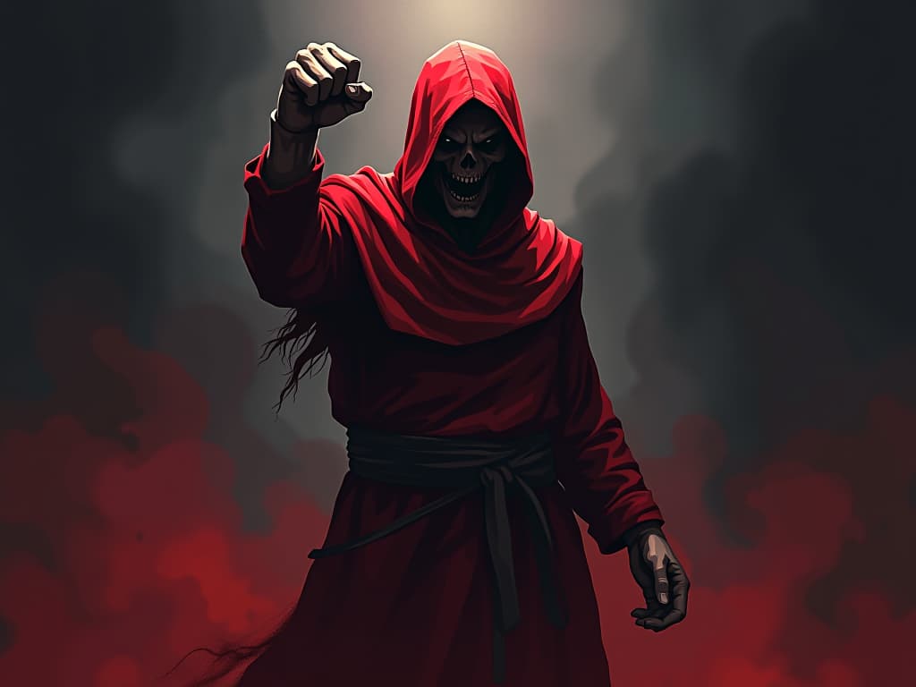  angry person in red, fist raised, shadows pooling around, mood of desperate anger. the style is digital art illustration / modern comic book / graphic dark novel fantasy and mysterious occult, symbolic, moody lighting, esoteric vibe,high detail on character design. for the color scheme emphasize blacks and reds.