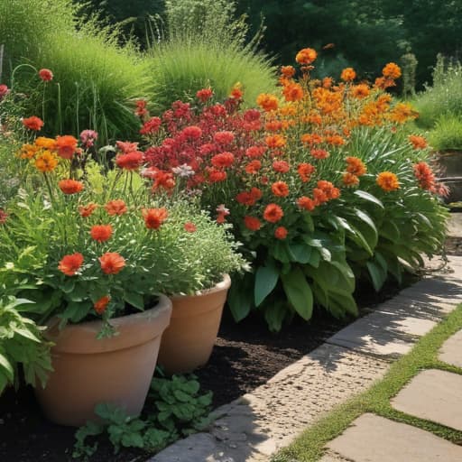 A lush garden bursting with vibrant colors and textures, each plant carefully selected and arranged to maximize growth. Small pots filled with different varieties of flowers and herbs, all thriving under the warm sun. A small investment of $5 has transformed this patch of earth into a diverse and resilient ecosystem, prepared to weather any economic storm. The air is filled with the sweet scent of blooming flowers and the promise of future abundance.