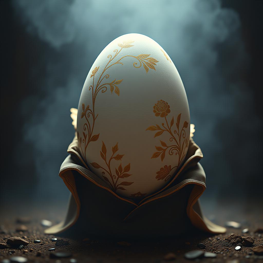  big egg hyperrealistic, full body, detailed clothing, highly detailed, cinematic lighting, stunningly beautiful, intricate, sharp focus, f/1. 8, 85mm, (centered image composition), (professionally color graded), ((bright soft diffused light)), volumetric fog, trending on instagram, trending on tumblr, HDR 4K, 8K