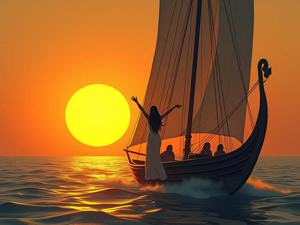  ra's sun barque sailing majestically across a golden sunset sky, a large busted priestess in tight white linen, standing at the bow, arms raised in reverence, symbolizing the universe guiding you to a higher path. the style is digital art illustration / modern comic book / mysterious occult, symbolic, esoteric vibe,high detail on character design, incorporating ancient egyptian symbology and attire.