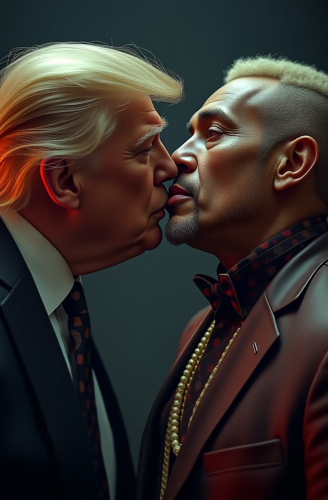  donald trump y maluma dándose un beso en la cara hyperrealistic, full body, detailed clothing, highly detailed, cinematic lighting, stunningly beautiful, intricate, sharp focus, f/1. 8, 85mm, (centered image composition), (professionally color graded), ((bright soft diffused light)), volumetric fog, trending on instagram, trending on tumblr, HDR 4K, 8K