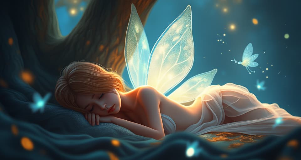  a serene fairy with translucent wings, lying against a glowing tree in an enchanted forest, her eyes closed and her face showing signs of exhaustion. shimmering magical creatures surround her, adding an atmosphere of drained energy and emptiness.. the style is digital art illustration,highly detailed, whimsical,magical, dreamlike atmosphere, realism and fantasy blend, smooth, glossy textures,luminous quality, wonder and enchantment.