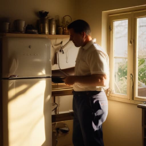 A photo of a repairman fixing a vintage fridge in a cozy kitchen during the late afternoon, with warm sunlight streaming in through the window creating soft, diffused shadows on the old appliance and tools scattered around.