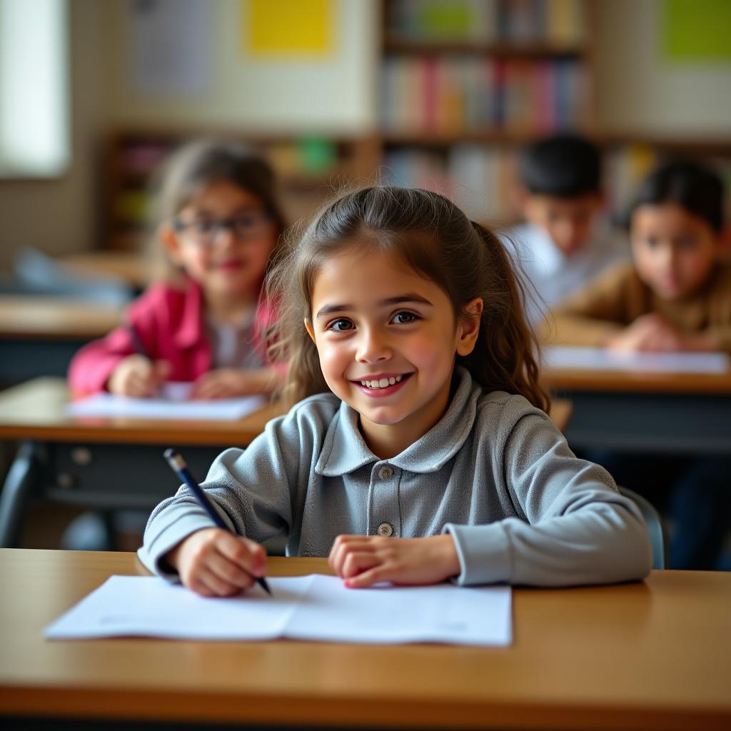  children at their desks in school.