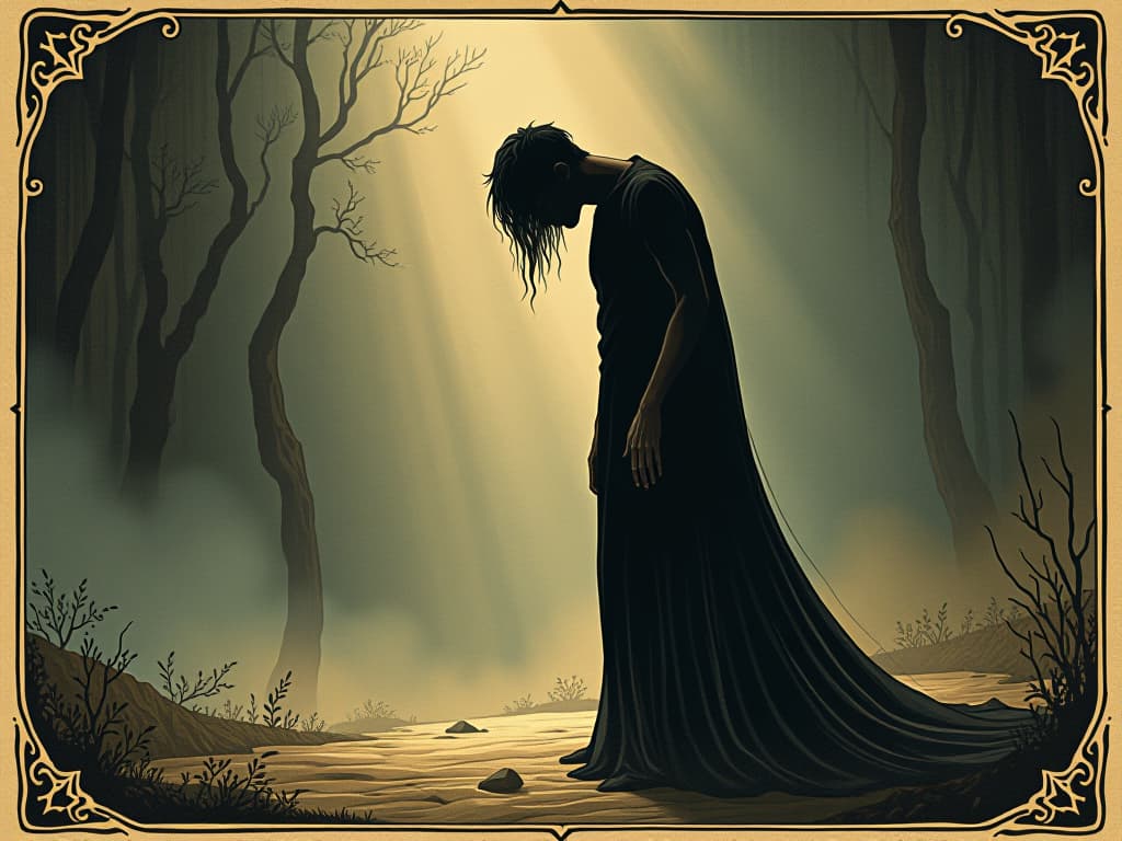  person standing, contemplative pose, head slightly bowed, shadows and light playing on figure, weight of responsibility, burden of knowledge, deep thought, reflective atmosphere. an illustration in the style of a worn, mystical old tarot trump card, mysterious and elements of surrealism. the colors are muted, somber and eerie, but with contrast bring out an occult and esoteric vibe.