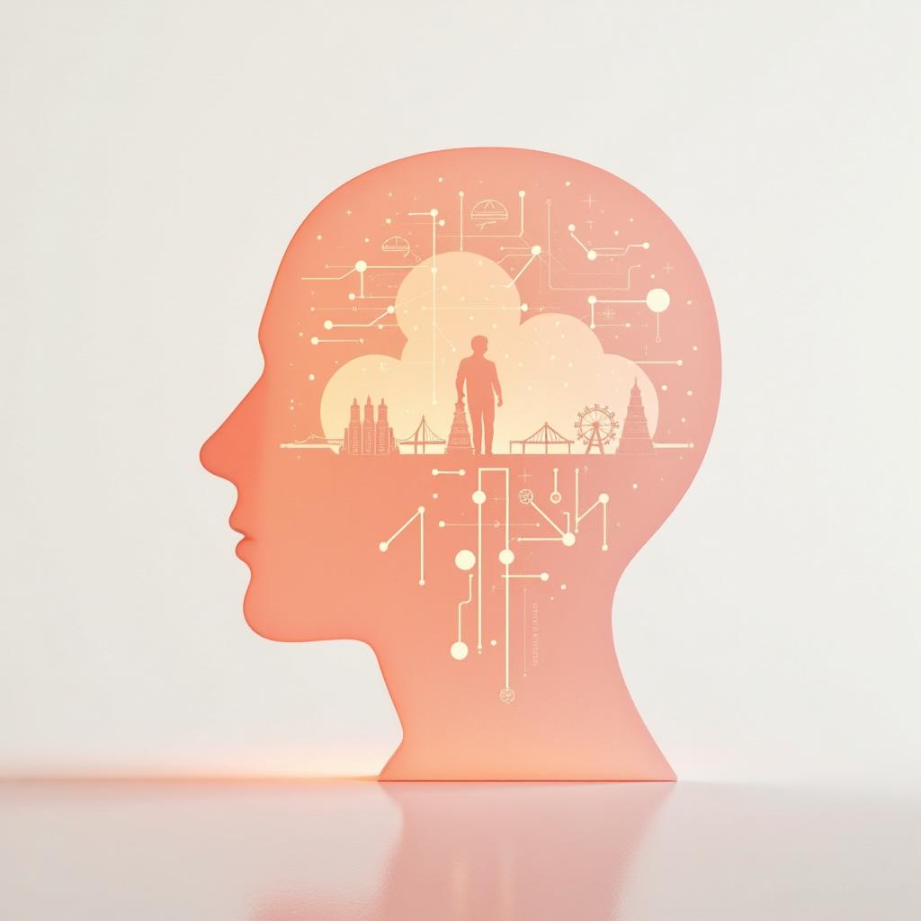  [silhouette psychology of thoughts inside the icon] [[[small icon]]], peach gradient, white background, frosted glass, transparent sense of science and technology, ultra minimalist appearance, bright color, studio lighting, peach and white background, industrial design, a wealth of details, ultra high definition, dribble, pinterest, ray tracing, isometric view, blender, c4d, oc renderer v 6.0 style raw 3d studio light