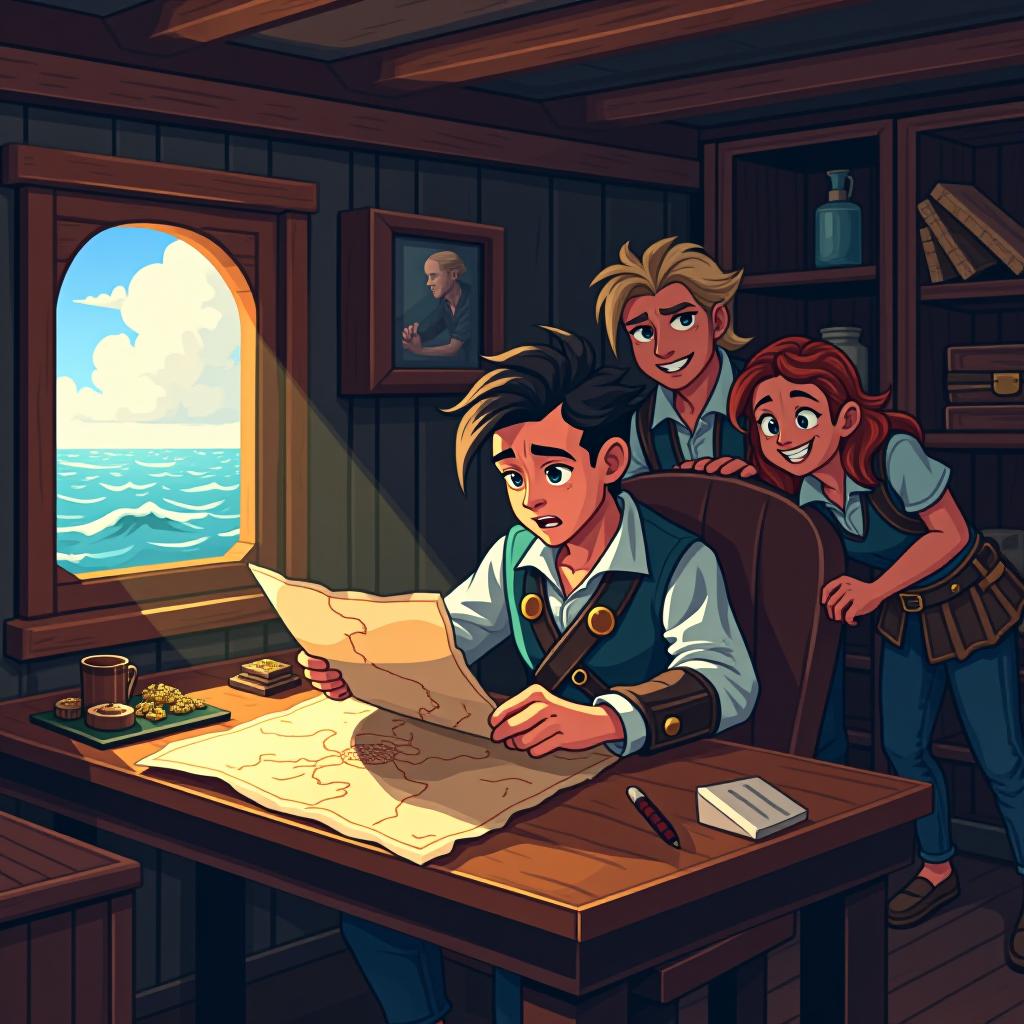  (((pixel art:10))), (high quality), inside the ship, the wooden cabin is cozy and filled with maps and treasures. jack sits at a wooden table, looking at a tattered old map with a determined expression. sunlight filters through the window, casting a warm glow. behind him, his crew members chuckle and whisper, glancing at jack with a mix of amusement and admiration.