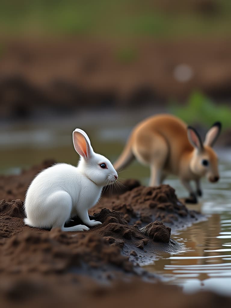  white rabbits are on the edge of mud, kangaroos are in the mud, and the mud in the background is surrounded by high gr。 photo realistic, highly intricate and detailed, masterpiece, ultra high res,photography,8k resolution