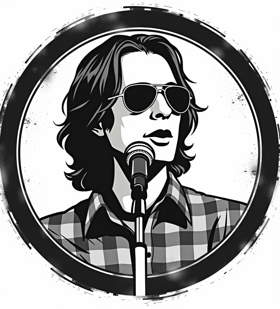  a retro styled, distressed black and white circular vector style logo of mitch hedberg, wearing aviator sunglasses with a microphone stand in front of him.