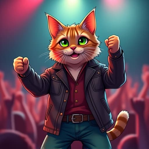  hemule, the anthropomorphic light brown tabby cat with green eyes, exudes a rebellious aura on stage at a rock concert. his charismatic and edgy vibe shines through as he commands the crowd with style. the scene, depicted in a vibrant cartoonish style reminiscent of a comic book, captures the energy and excitement of the moment. hyperrealistic, full body, detailed clothing, highly detailed, cinematic lighting, stunningly beautiful, intricate, sharp focus, f/1. 8, 85mm, (centered image composition), (professionally color graded), ((bright soft diffused light)), volumetric fog, trending on instagram, trending on tumblr, HDR 4K, 8K