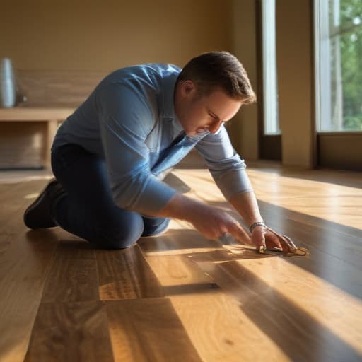 A photo of an Orlando flooring expert meticulously measuring and cutting through a beautiful hardwood plank in a modern, sunlit showroom during the late afternoon. The warm, golden sunlight filters through the large windows, casting long shadows and creating a soft glow, emphasizing the intricate details and textures of the wood grain. The expert's precision and focus are highlighted by the dramatic lighting, adding a dynamic and captivating element to the composition.