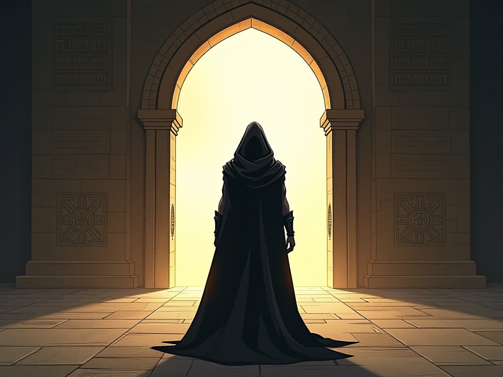  a solitary figure, cloaked and hooded, standing at a temple entrance, heart yearning for solitude, sense of inward focus. the style is digital art illustration / modern comic book / mysterious occult, symbolic, esoteric vibe,high detail on character design, incorporating ancient egyptian symbology and attire.