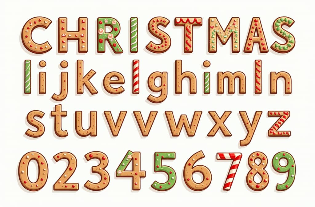  christmas gingerbread cookie font. hand drawn cartoon colorful alphabet for holidays. biscuit decorated signs, letters and numbers. vector illustration 3:2 ar 3:2 {prompt}, maximum details