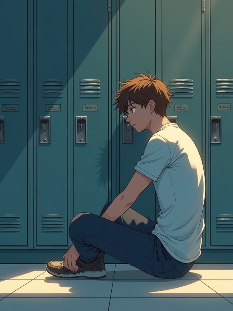  a young man sitting on the floor in front of a bunch of lockers, haruhi suzumiya, clinically depressed, beautiful comic art, bruh moment, rpg maker, yaoi, sad lighting, his arms are behind his back, uncompressed png, it is afternoon, textbook page, webtoons, 27, :6, blue text that says 3kliksphilp hyperrealistic, full body, detailed clothing, highly detailed, cinematic lighting, stunningly beautiful, intricate, sharp focus, f/1. 8, 85mm, (centered image composition), (professionally color graded), ((bright soft diffused light)), volumetric fog, trending on instagram, trending on tumblr, HDR 4K, 8K