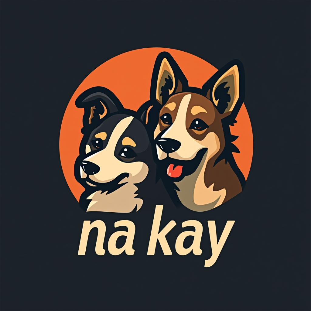  design a logo, i want a logo that conteins two dogs with a burguer, with the text 'na kay'.