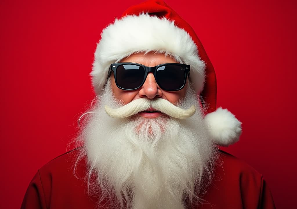  merry christmas holiday vacation winter greeting card cool hipster santa claus with sunglasses, isolated on red background