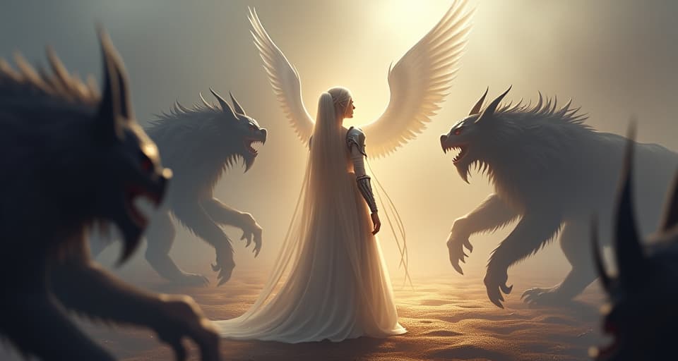  an ethereal being in shimmering armor, standing in a dreamlike battleground, facing down dark, menacing creatures with an unyielding expression.. the style is digital art illustration,highly detailed, whimsical,magical, dreamlike atmosphere, realism and fantasy blend, smooth, glossy textures,luminous quality, wonder and enchantment.