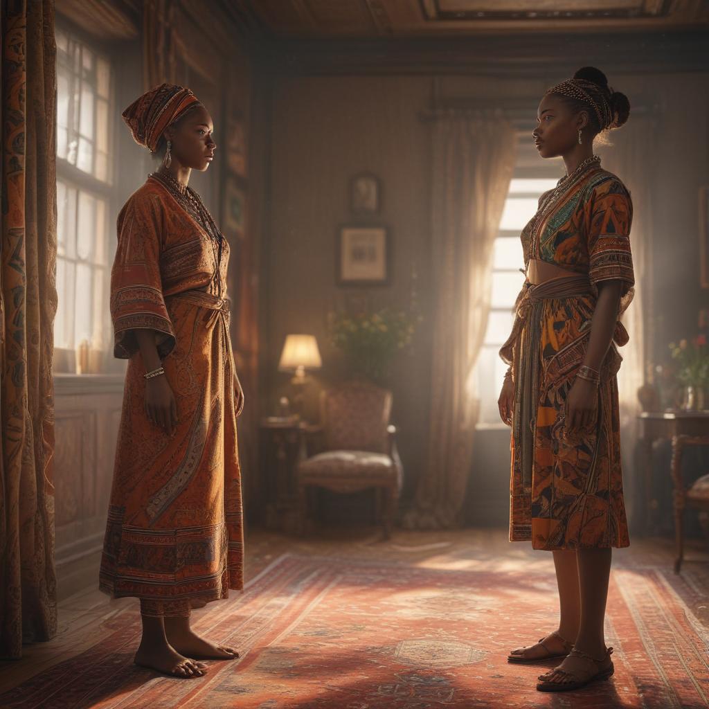 ((masterpiece)),(((best quality))), 8k, high detailed, ultra detailed, European woman and African woman connecting in a room, cultural exchange, vibrant textiles, natural daylight hyperrealistic, full body, detailed clothing, highly detailed, cinematic lighting, stunningly beautiful, intricate, sharp focus, f/1. 8, 85mm, (centered image composition), (professionally color graded), ((bright soft diffused light)), volumetric fog, trending on instagram, trending on tumblr, HDR 4K, 8K