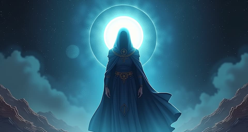  a majestic figure shrouded in mystical light, with a star filled sky behind them, their presence and aura driven by unseen, incomprehensible forces.. the style is digital art illustration / modern comic book / mysterious occult, symbolic, esoteric vibe,high detail on character design, incorporating ancient egyptian symbology and attire.