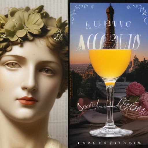 Book cover of book entitled LUDOVIC (in a vogue type font at top of page) a romance novel cult book cover aesthetic, with a collage below the title LUDOVIC featuring : a bacchus head like a Roman statue, a champagne glass, keith baring flower head drawing, and an Eiffel Tower in Mythological style with City background