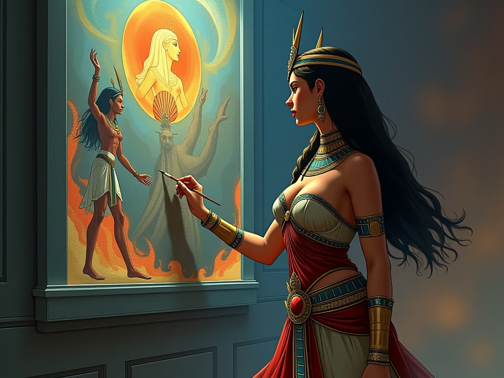  large busted goddess in a richly adorned gown, painting vivid images on a temple wall, colors and emotions emanating from her artwork, atmosphere of creation. the style is digital art illustration / modern comic book / mysterious occult, symbolic, esoteric vibe,high detail on character design, incorporating ancient egyptian symbology and attire.