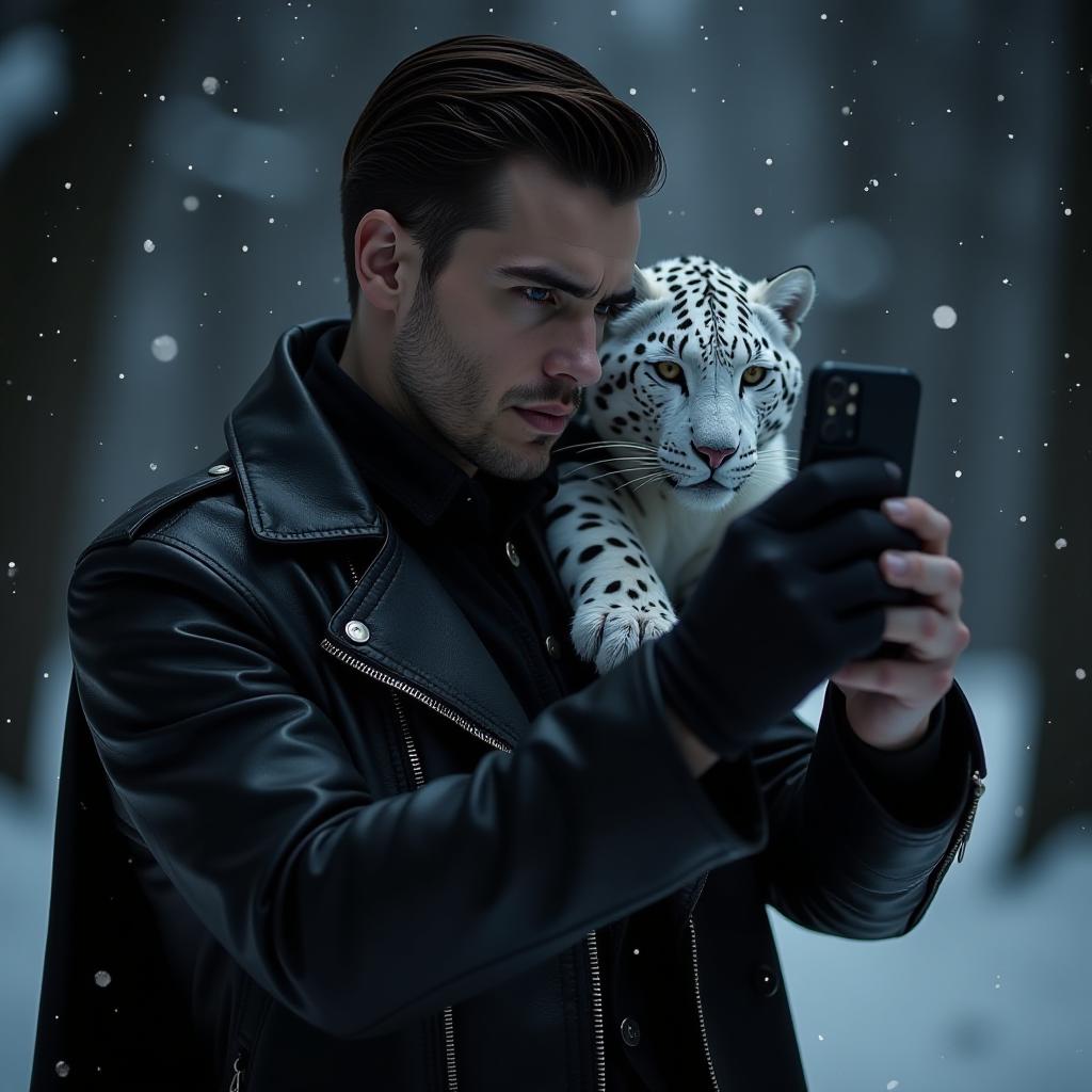  gothic style a handsome man, in a leather outfit, with a white leopard, takes a photo of himself on his phone, against a winter background, at night, close up . dark, mysterious, haunting, dramatic, ornate, detailed