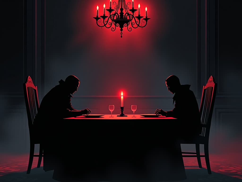  candlelit dinner table, dimly lit room, two plates set, shadowy figures sitting on opposite ends, air of tension. the style is digital art illustration / modern comic book / graphic dark novel fantasy and mysterious occult, symbolic, moody lighting, esoteric vibe,high detail on character design. for the color scheme emphasize blacks and reds.