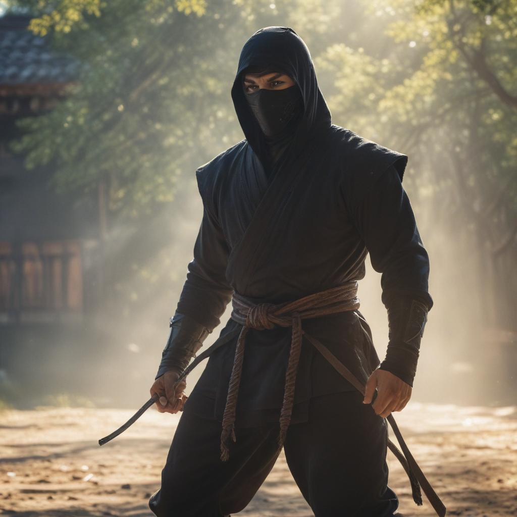 ((masterpiece)),(((best quality))), 8k, high detailed, ultra detailed, A ninja showcasing a moment under the bright sunshine, ninja , ((sensuous pose)), ((sunshine)), (bright light), (( expression)) hyperrealistic, full body, detailed clothing, highly detailed, cinematic lighting, stunningly beautiful, intricate, sharp focus, f/1. 8, 85mm, (centered image composition), (professionally color graded), ((bright soft diffused light)), volumetric fog, trending on instagram, trending on tumblr, HDR 4K, 8K