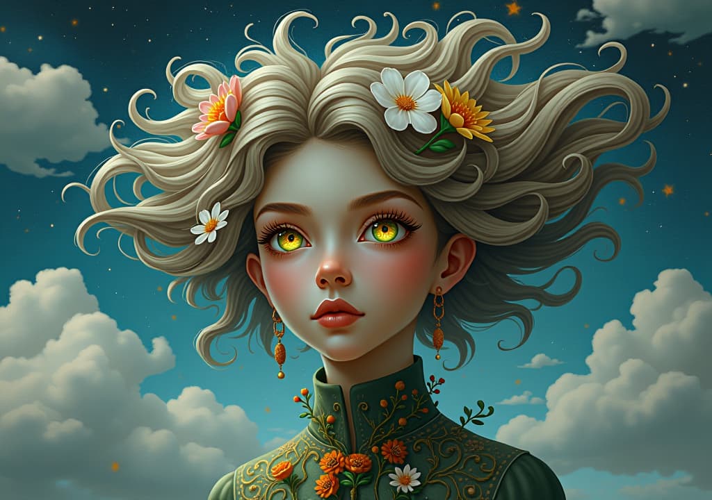  create a series of imaginative portraits where each subject is infused with elements of fantasy and nature. the hair of the individuals should flow like clouds, varying from soft, fluffy cumulus to wispy cirrus strands, with hints of color reflecting a sunset or a clear blue sky. the eyes should be windows to entire galaxies, with stars, nebulae, and distant planets visible within them. clothing should be adorned with nature motifs, such as floral patterns that bloom and change, vines that seem to grow and wrap around, or feathers that shimmer with iridescence. each portrait should capture a unique personality, blending human features with the ethereal beauty of the natural and cosmic world. the backgrounds can vary, from starry night skies