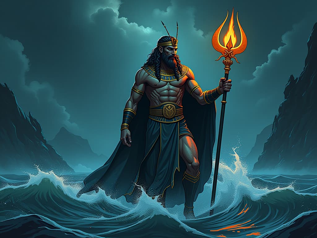  triton with his staff, guiding sailors through stormy seas, his presence a beacon of protection and guidance in the night. the style is digital art illustration / modern comic book / mysterious occult, symbolic, esoteric vibe,high detail on character design, incorporating ancient egyptian symbology and attire.