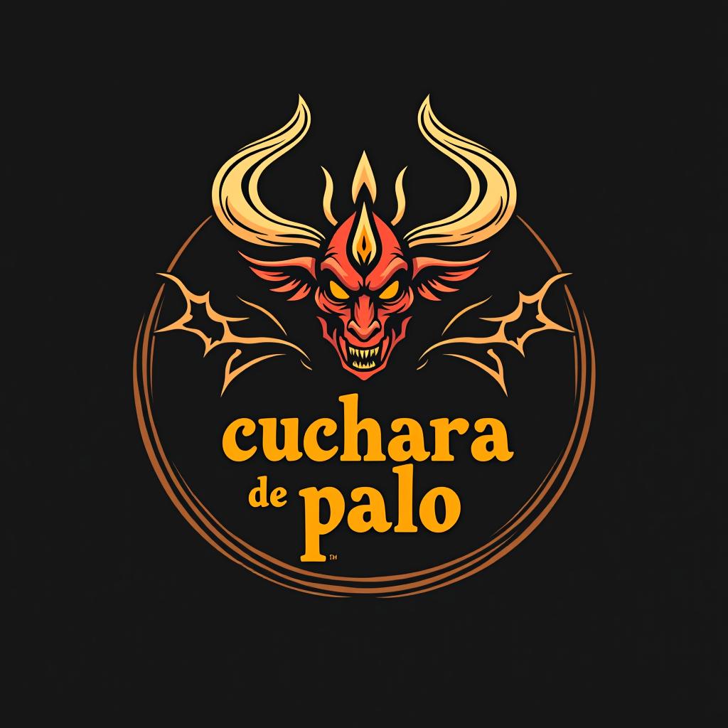  design a logo, un diablo de lata moviendo con una cuchara de palo la olla , with the text 'cuchara de palo '.