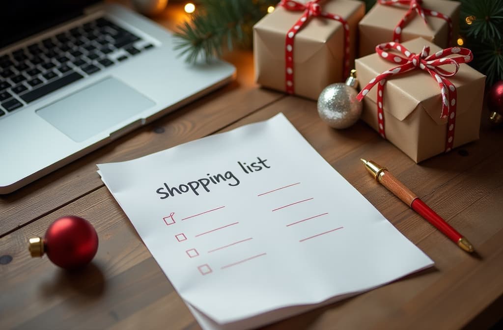  professional detailed photography, top view: a sheet of paper with an inscription "shopping list" is on the table, a laptop nearby, several craft wrapped christmas gifts,craft christmas tree balls, style cozy, homey, new year's atmosphere; premium camera, soft bokeh, warm color palette , (muted colors, dim colors, soothing tones), (vsco:0.3)