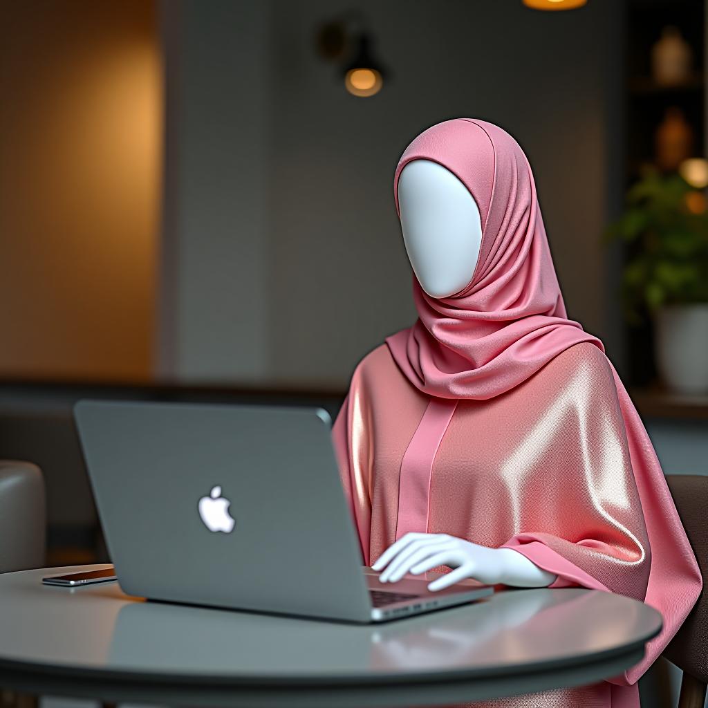  a faceless muslim mannequin in a pink hijab and shimmering abaya sits at a table with a macbook, against the backdrop of a stylish and minimalist interior, in a raw style.